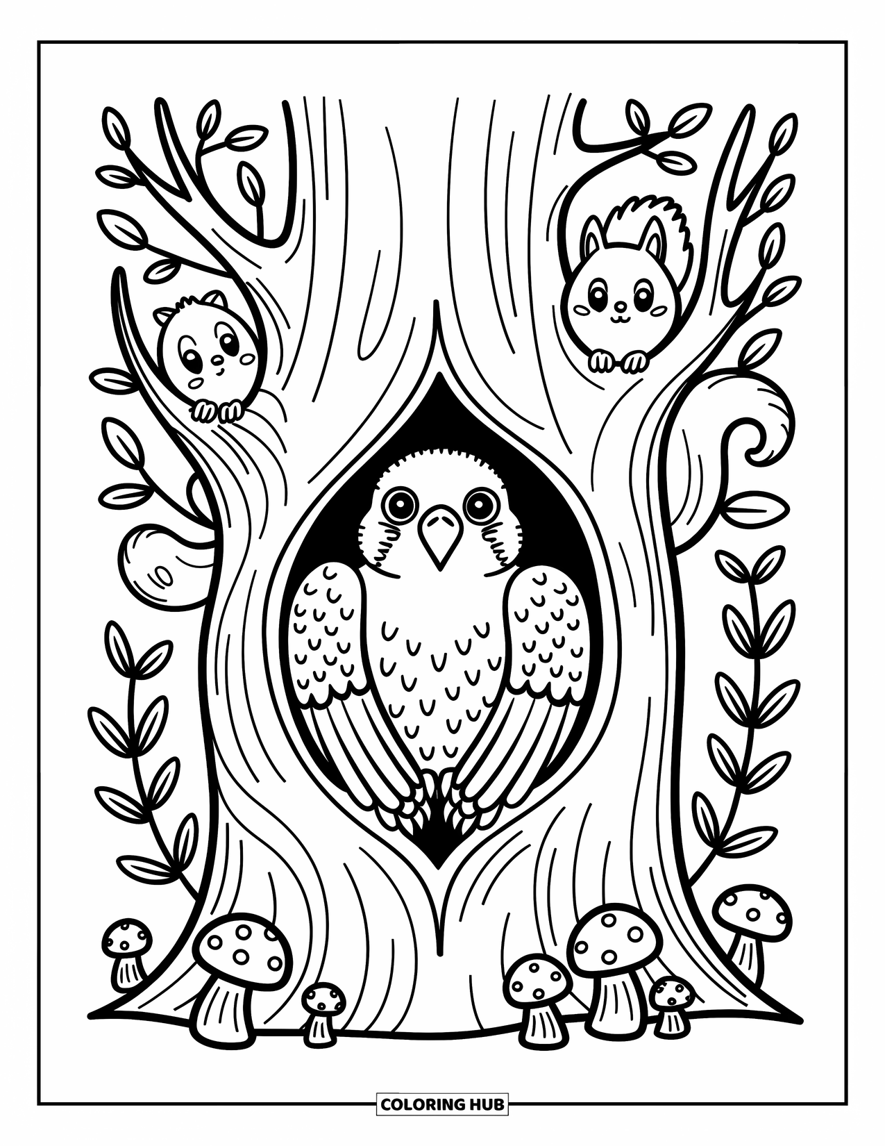 Falcon Coloring Page for Adults: Cozy falcon in a hollow hugs an acorn while birds and mushrooms peek nearby