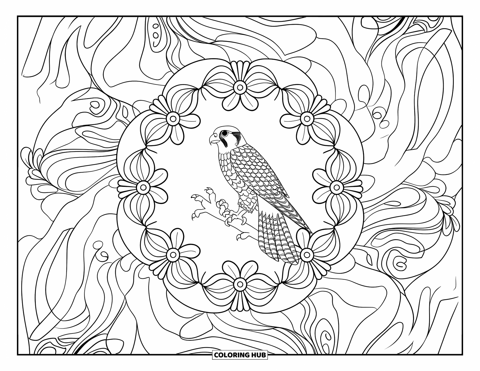 Falcon Coloring Page for Adults: Falcon in center pose, framed by wildflower spirals and artistic patterns