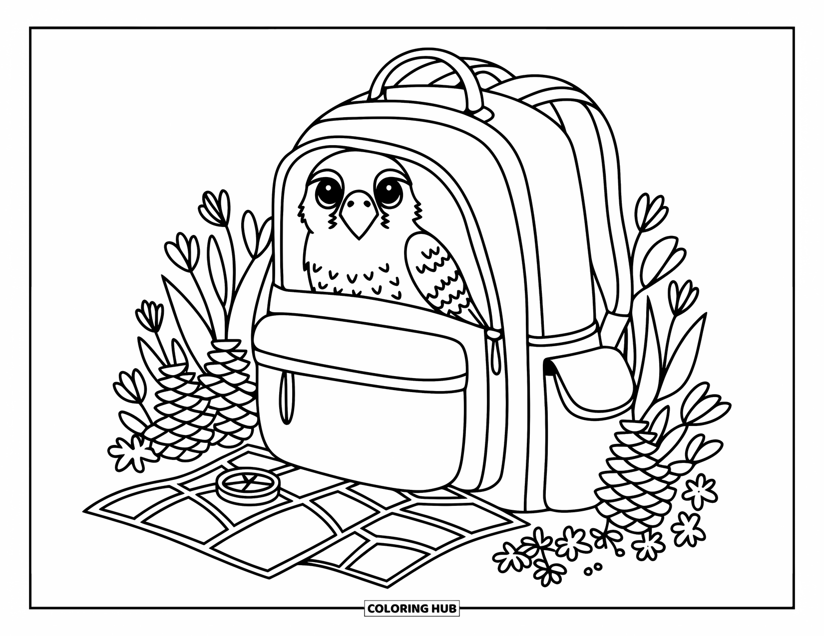 Falcon Coloring Page for Adults: Falcon peeks out of a backpack beside a map, compass, and wildflowers