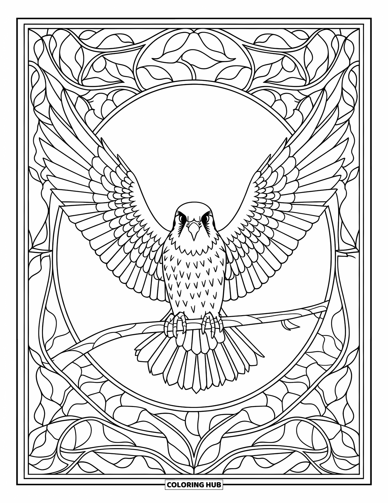 Falcon Coloring Page for Adults: Falcon perched in stained glass layout with detailed leafy patterns