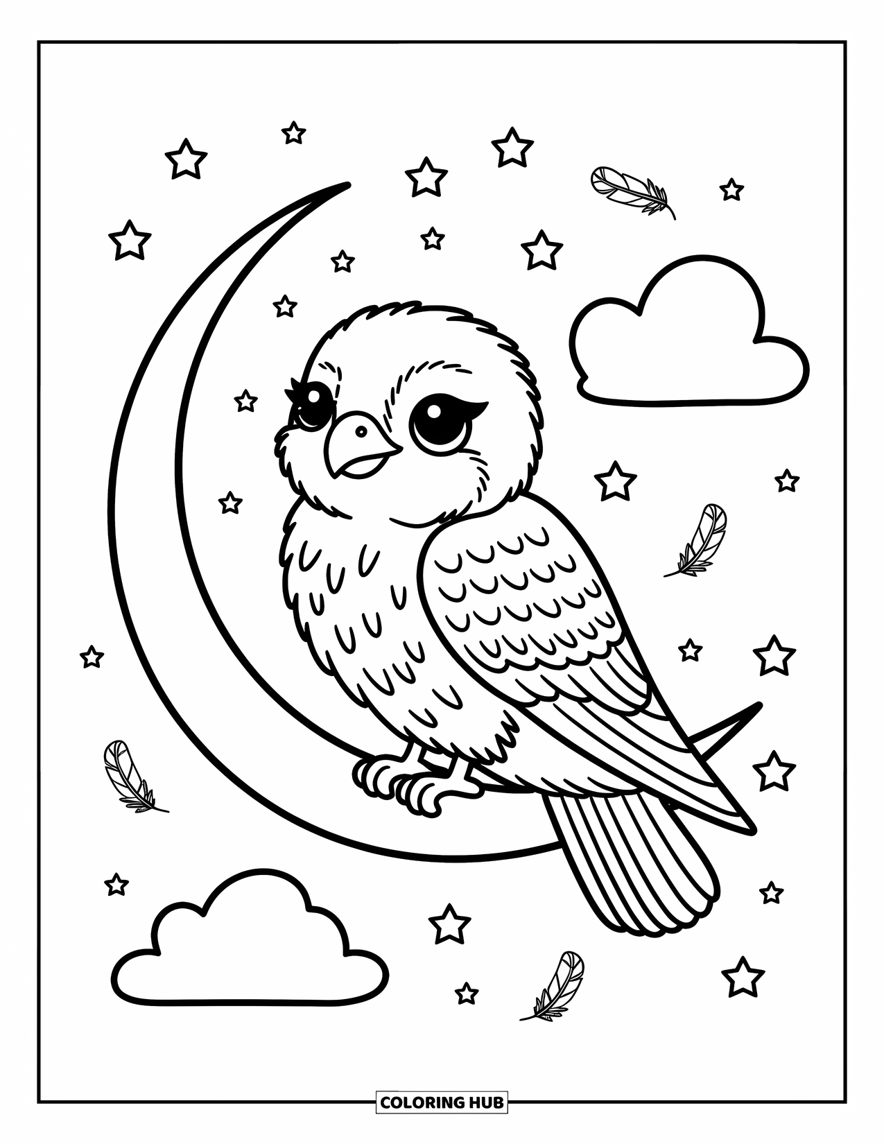 Falcon Coloring Page for Adults: Falcon perches on a crescent moon with stars, clouds, and floating feathers