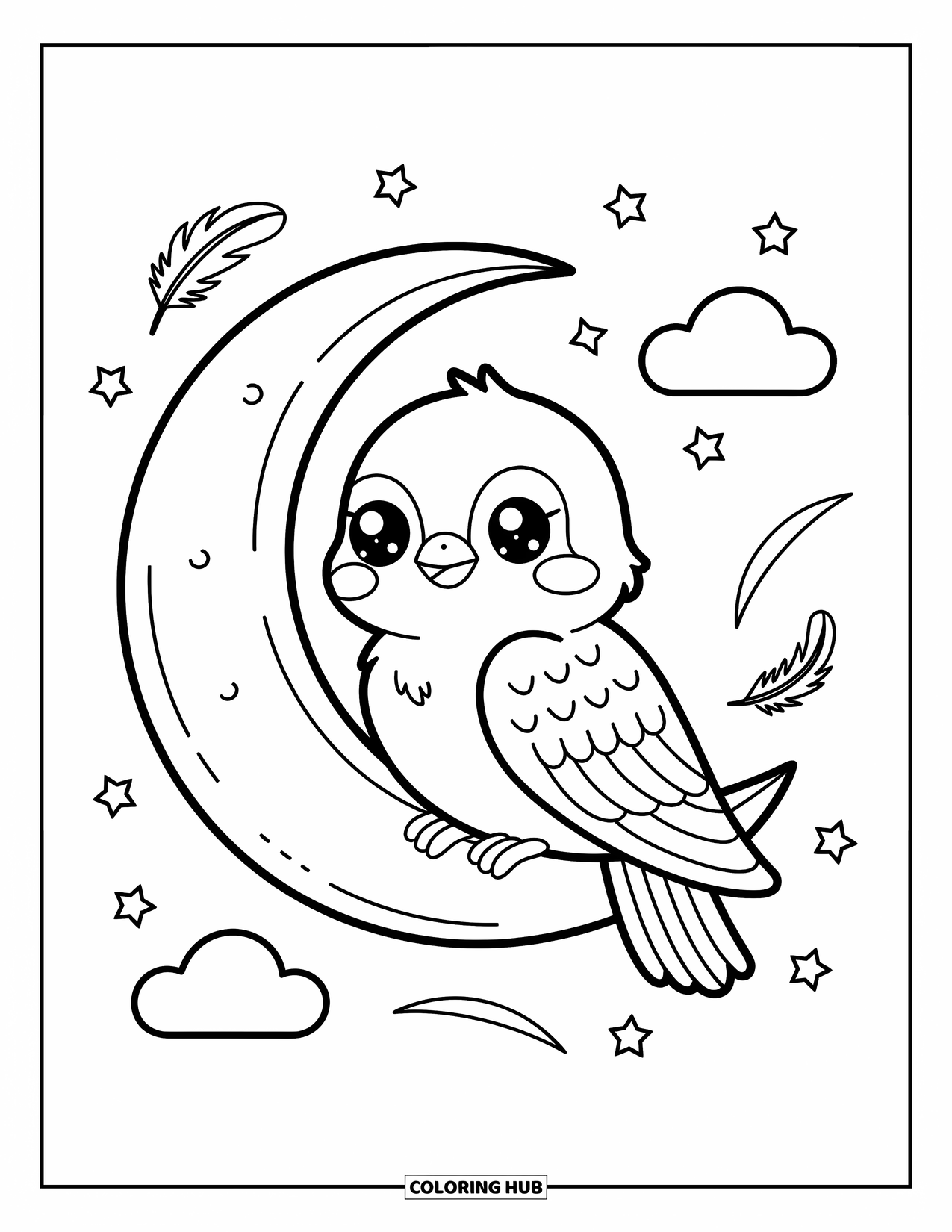 Falcon Coloring Page for Adults: Falcon sits on a crescent moon, gazing at stars and floating feathers