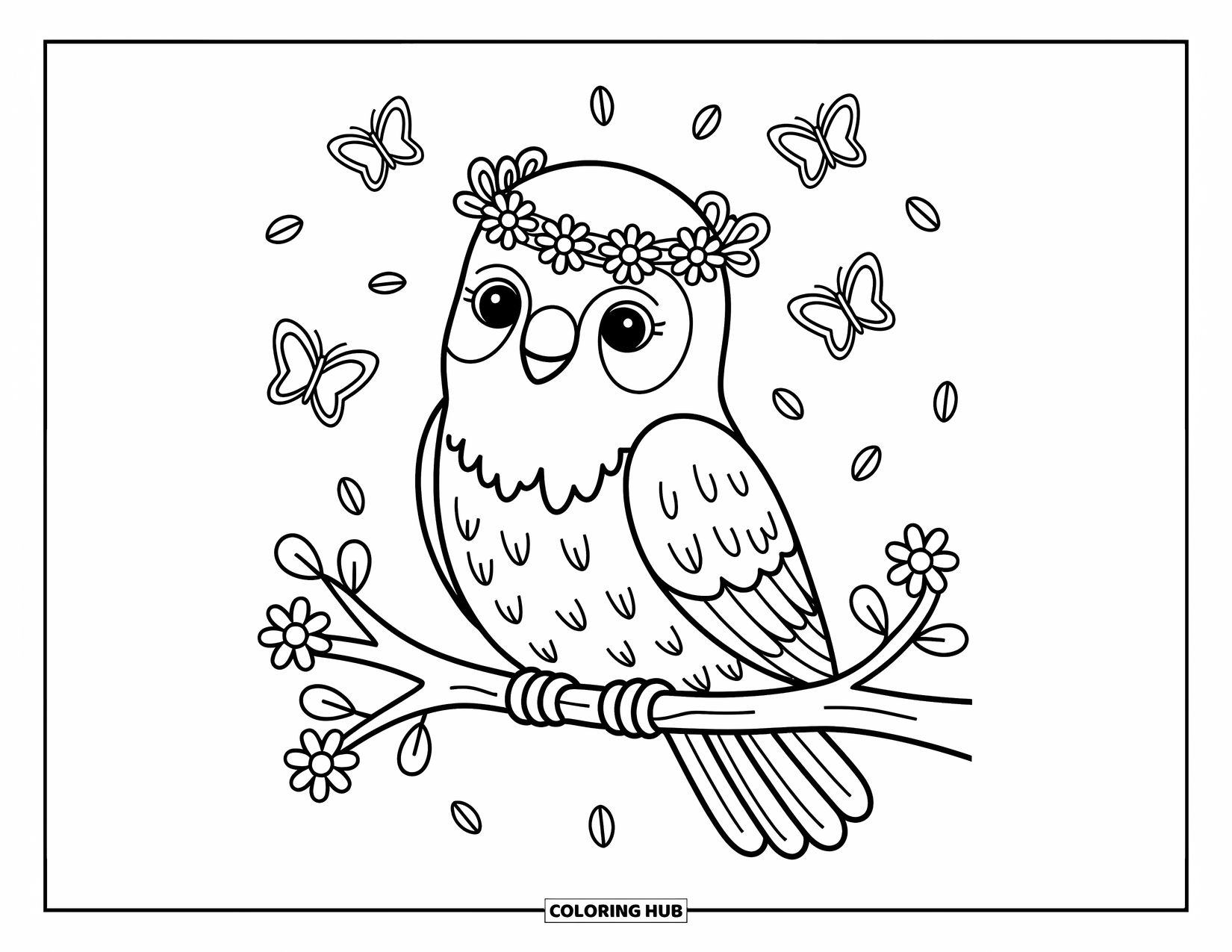 Falcon Coloring Page for Adults: Falcon wearing a flower crown sits happily with butterflies and drifting petals