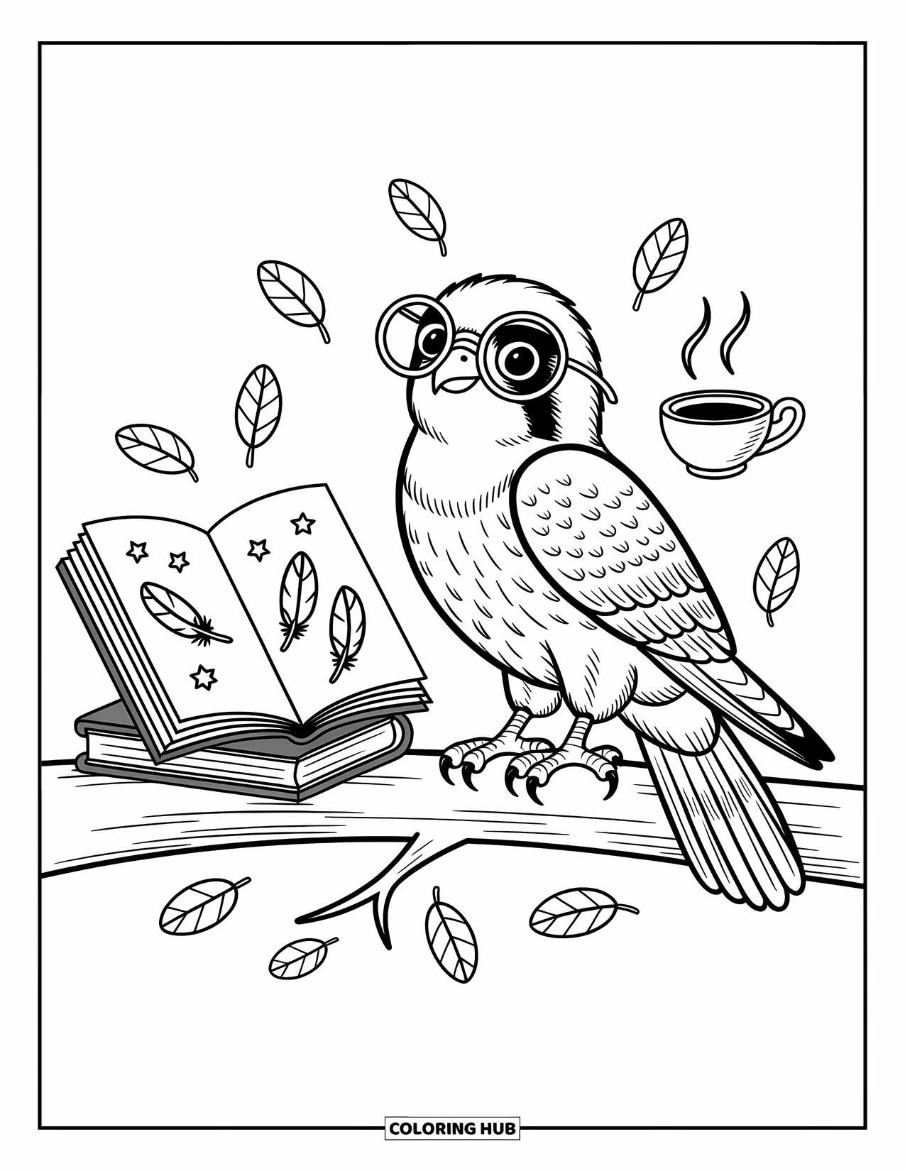 Falcon Coloring Page for Adults: Falcon with glasses sits by books and a steaming feather-shaped teacup