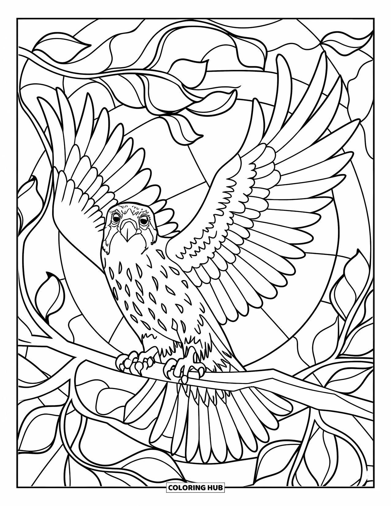 Falcon Coloring Page for Adults: Falcon with open wings sits on a branch framed by leafy stained glass
