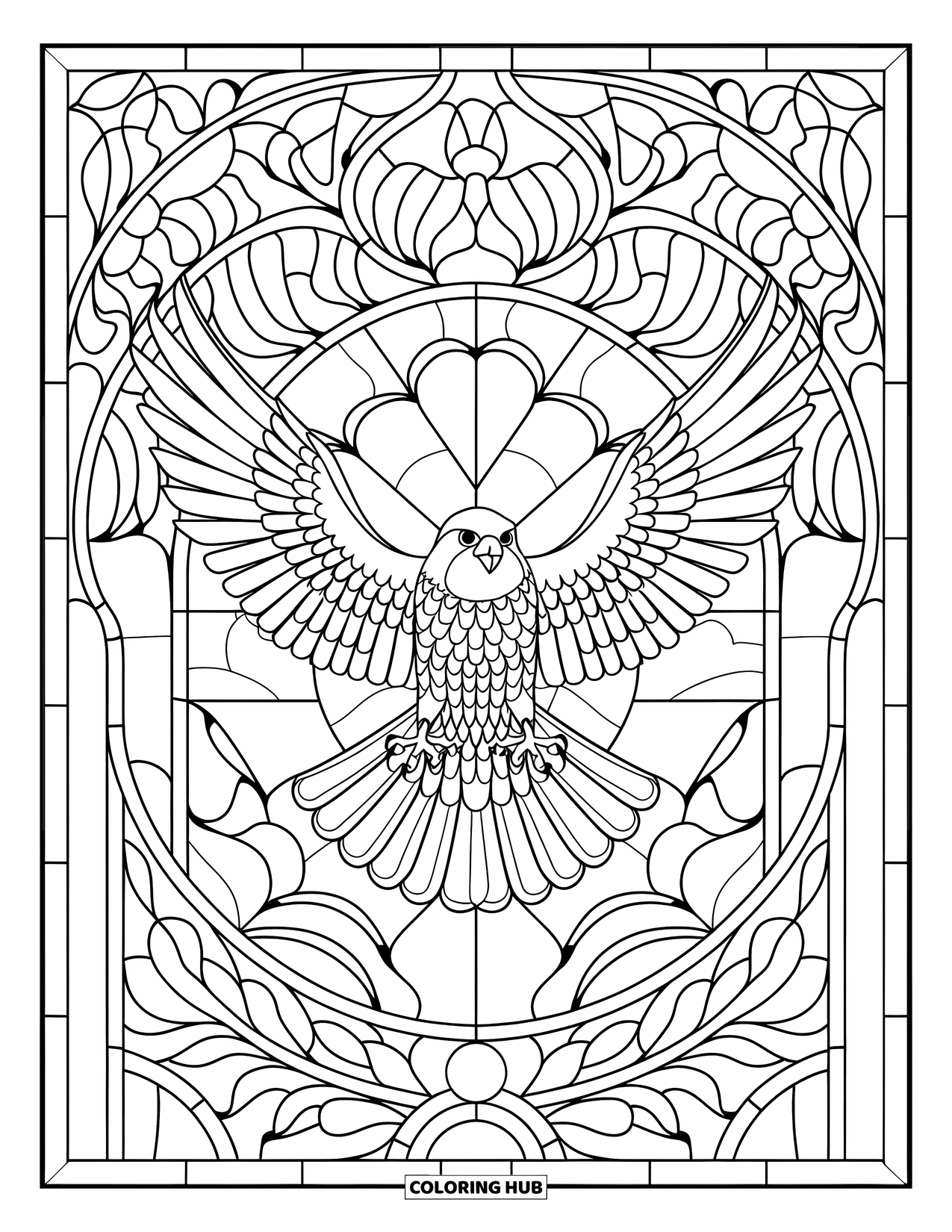 Falcon Coloring Page for Adults: Falcon with wings open sits in a stained glass design filled with leaves