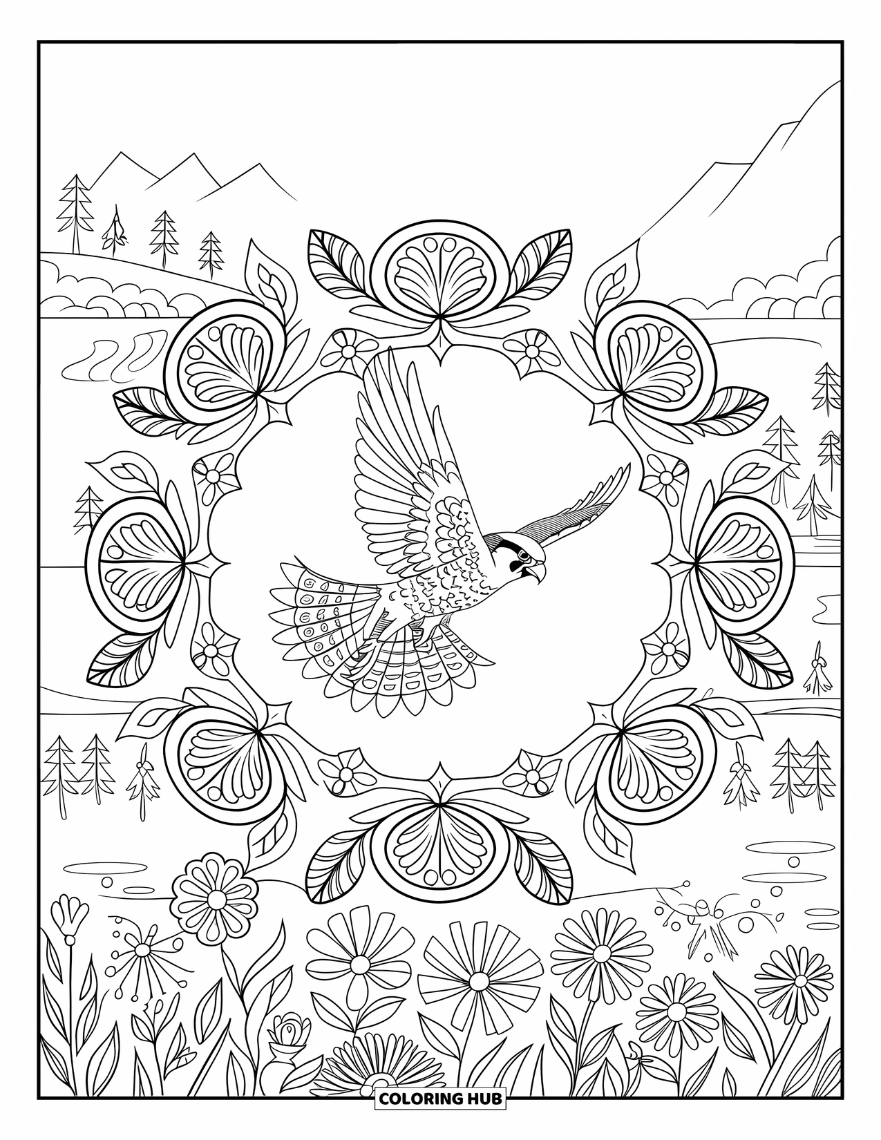 Falcon Coloring Page for Adults: Flying falcon with open wings soars above a floral mandala and peaceful view