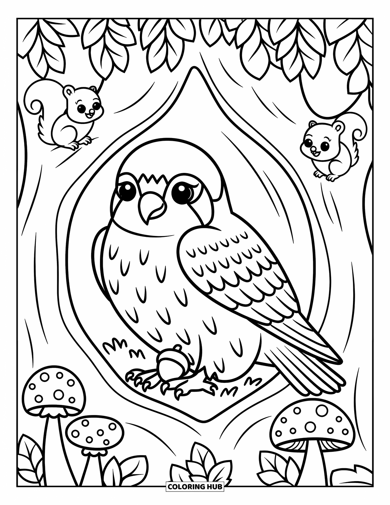 Falcon Coloring Page for Adults: Snuggly falcon holds an acorn inside a tree hollow near a squirrel and birds