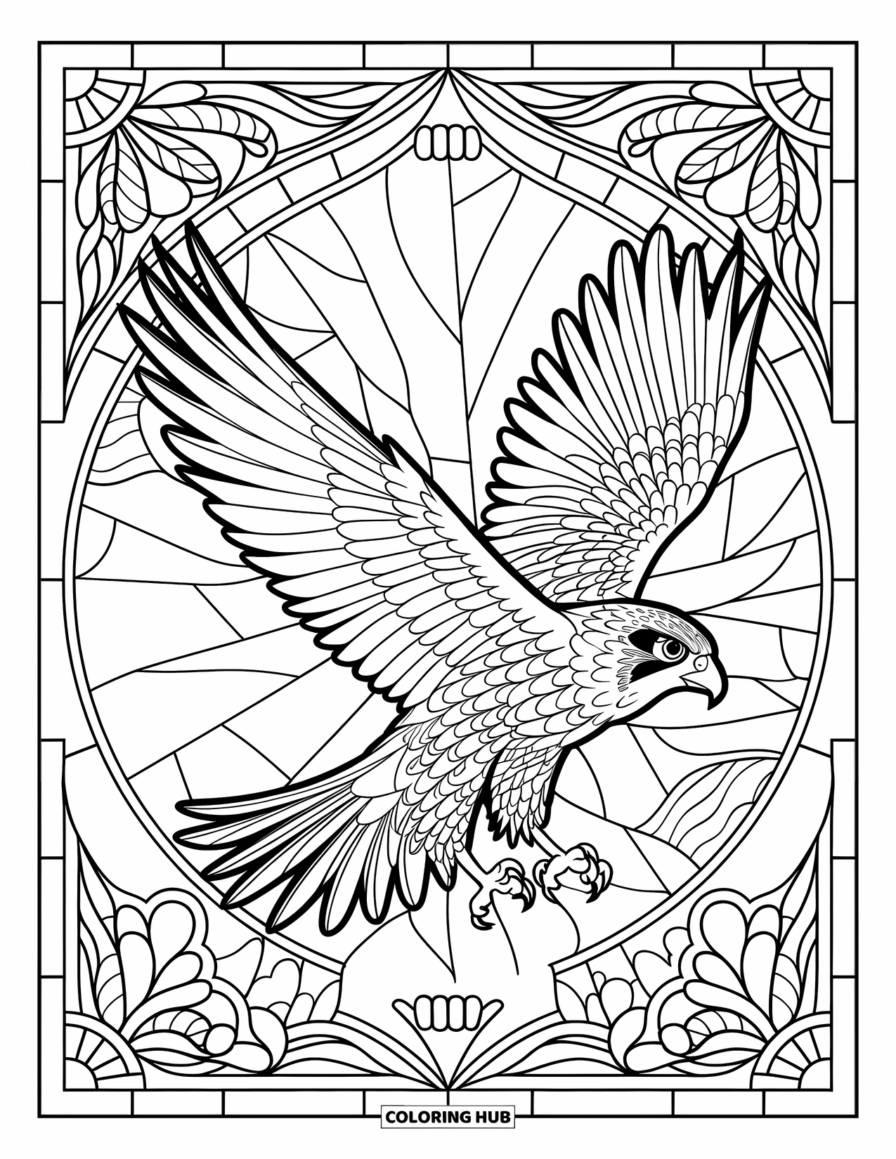 Falcon Coloring Page for Adults: Wings-out falcon rests within a leafy stained glass pattern
