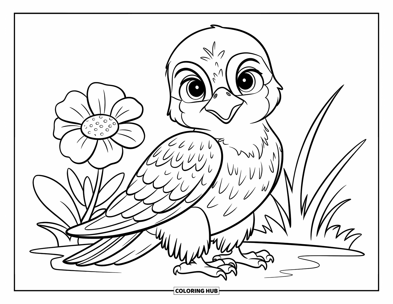 Falcon Coloring Page for Kids: Baby falcon rests beside a flower and grassy patch