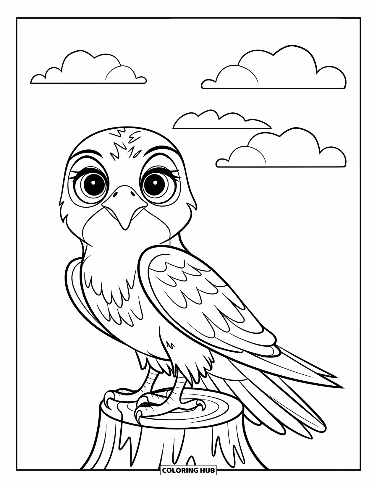 Falcon Coloring Page for Kids: Cute falcon with big eyes sits quietly on a tree stump