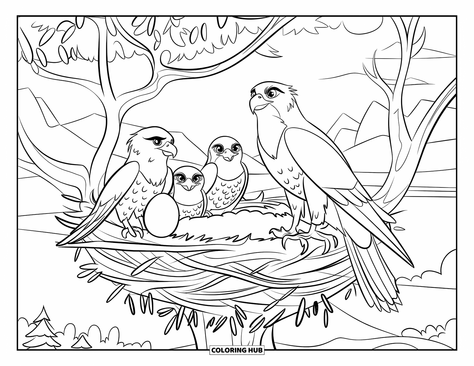 Falcon Coloring Page for Kids: Falcon family shares a nest high in a tree with mountain views