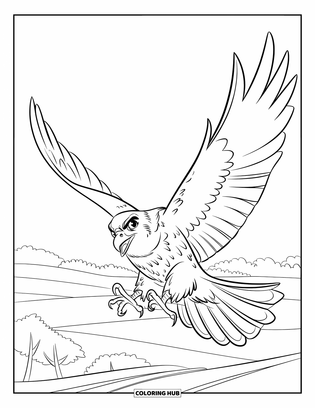Falcon Coloring Page for Kids: Falcon flies low, ready to land on open fields