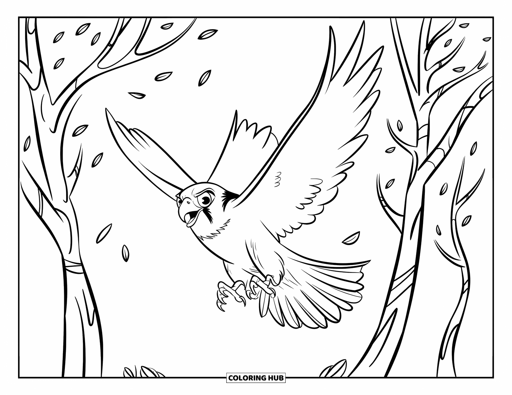 Falcon Coloring Page for Kids: Falcon flies past trees with small leaves blowing in the breeze