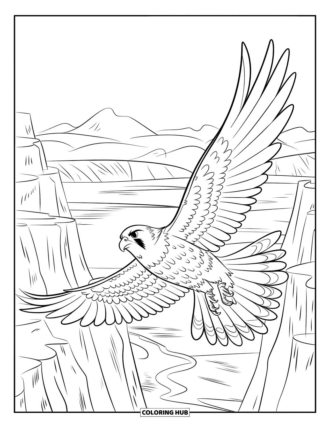 Falcon Coloring Page for Kids: Falcon flies through canyon cliffs with wind trailing behind