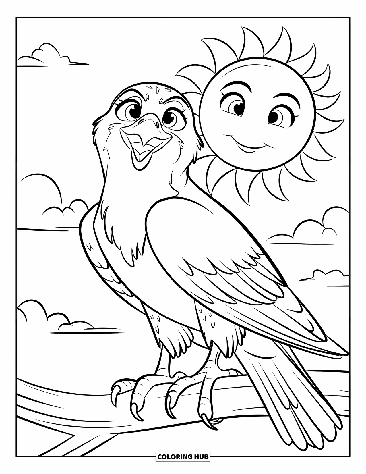 Falcon Coloring Page for Kids: Falcon looks up while sitting near a smiling sun and clouds