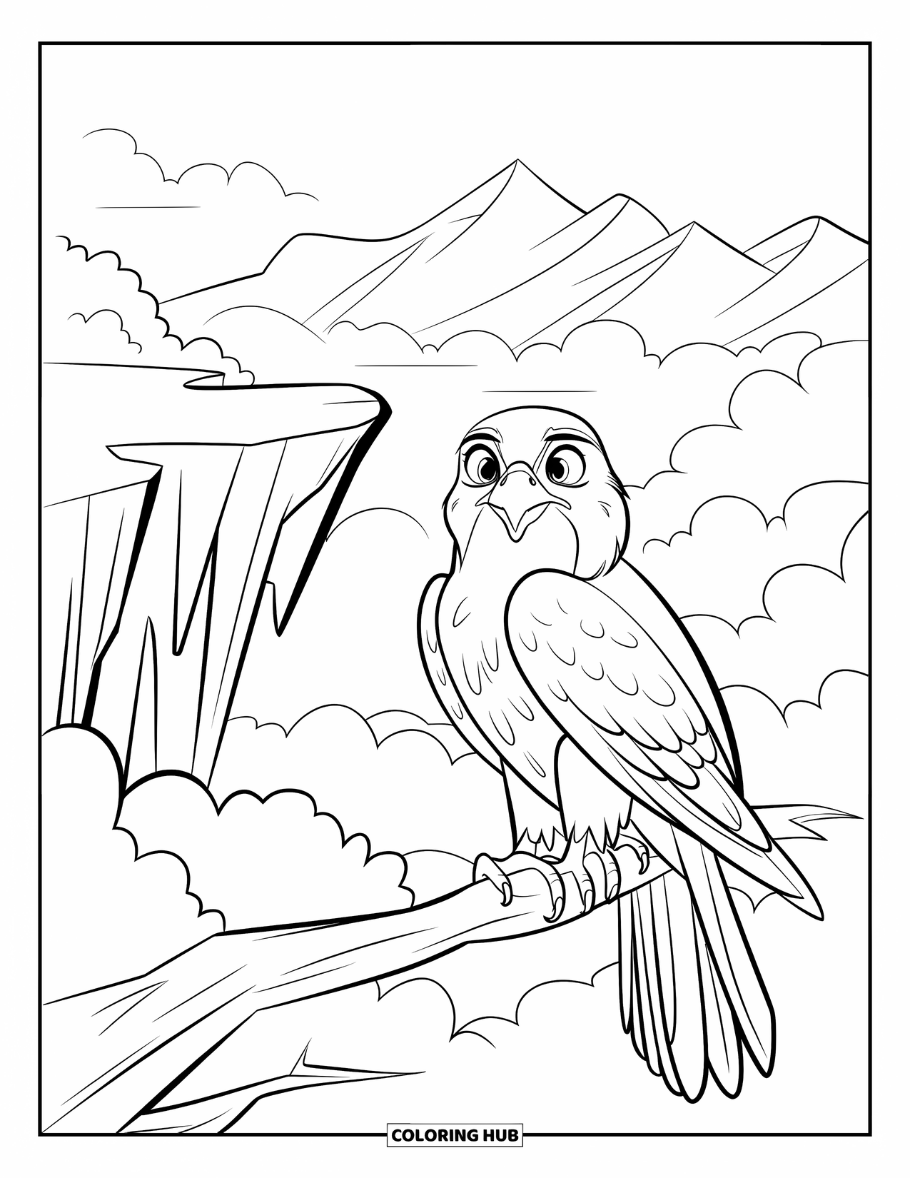Falcon Coloring Page for Kids: Falcon perches near a cliff with clouds and mountains in view