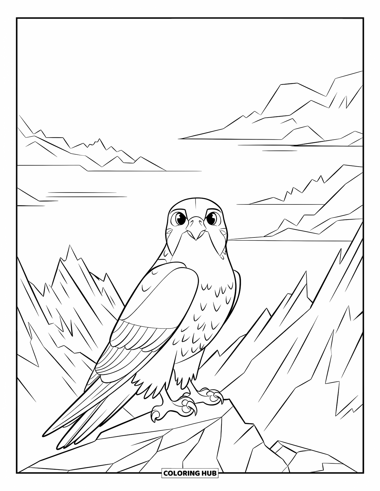 Falcon Coloring Page for Kids: Falcon perches quietly as jagged peaks rise in the background