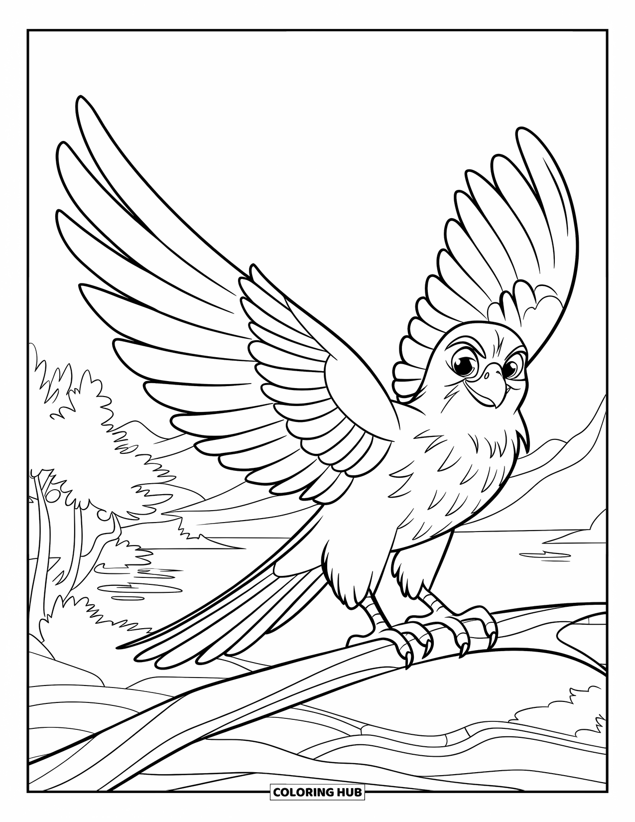 Falcon Coloring Page for Kids: Falcon perches with open wings over peaceful mountain and forest views