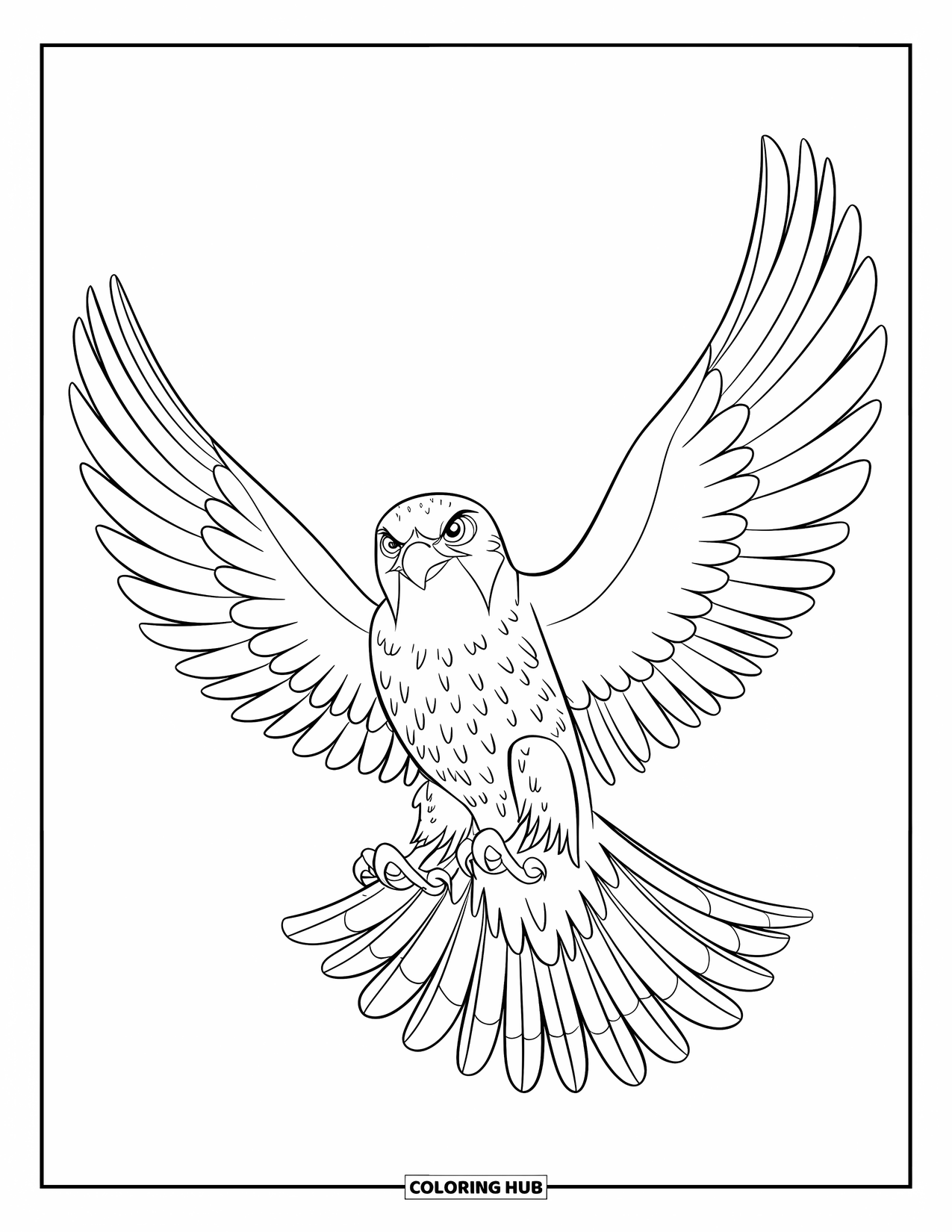 Falcon Coloring Page for Kids: Falcon shows off wings and tail with bold feathers and sharp eyes