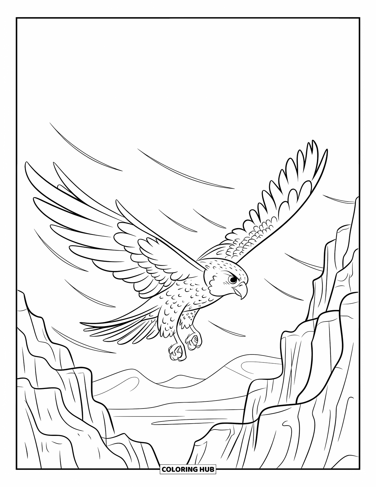 Falcon Coloring Page for Kids: Falcon soars above canyon cliffs with wind curling behind