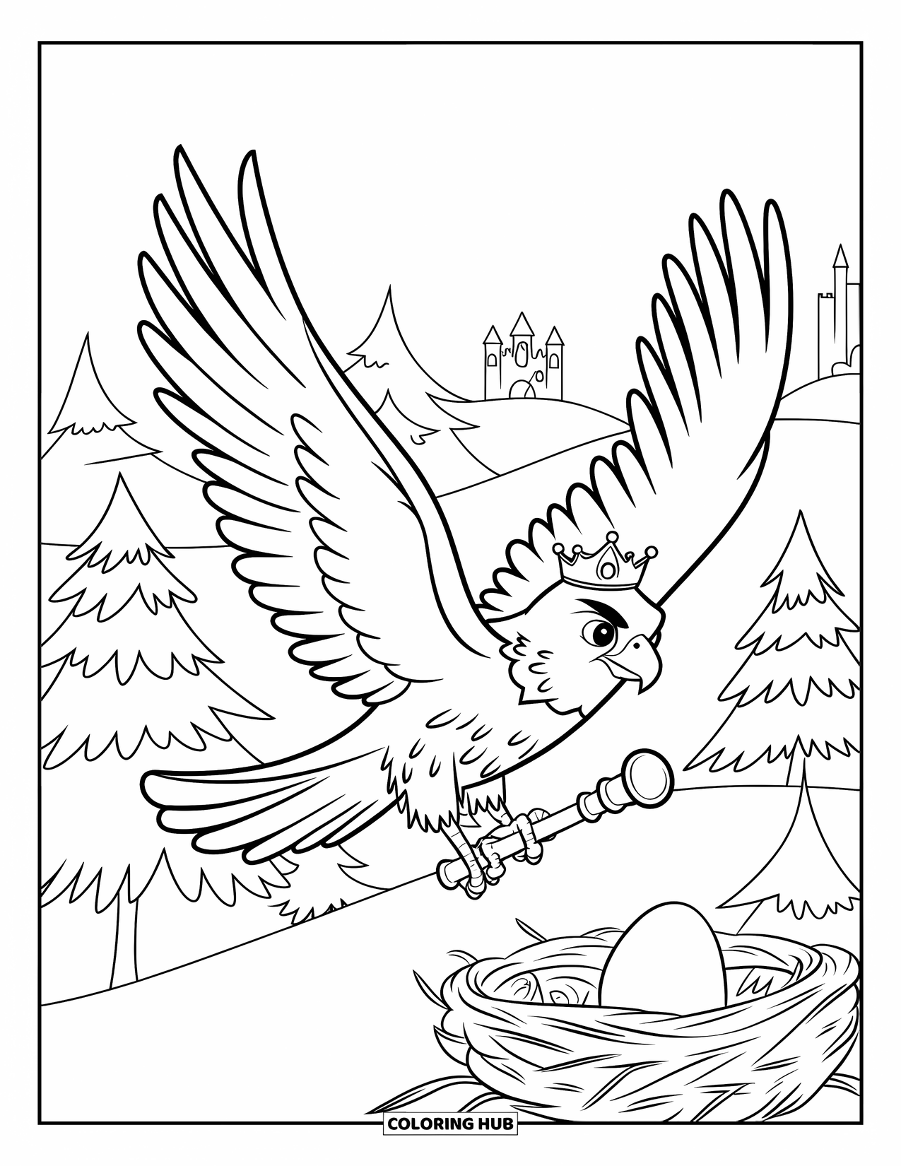 Falcon Coloring Page for Kids: Falcon with a crown soars over trees and a distant castle