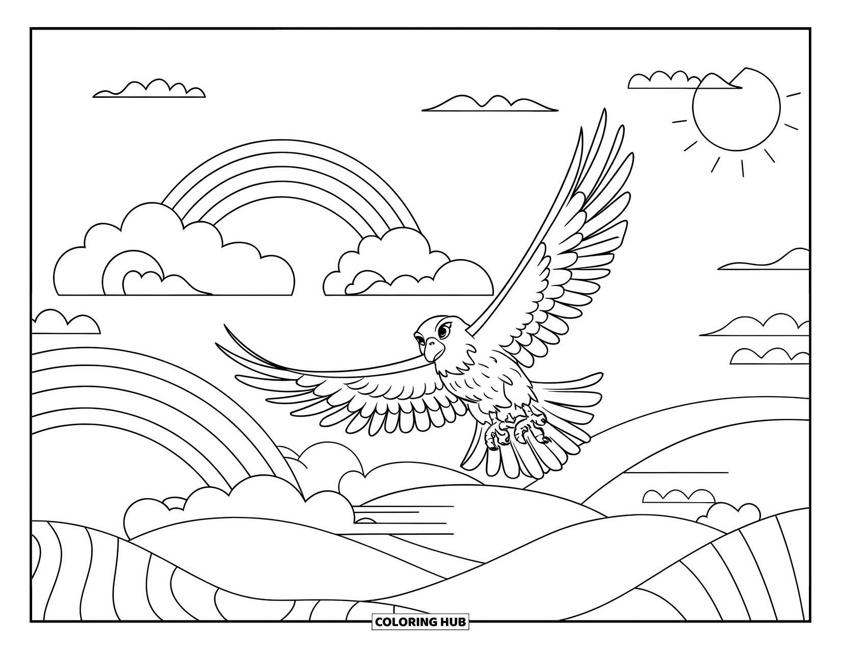 Falcon Coloring Page for Kids: Falcon with a staff flies above hills under a rainbow sky