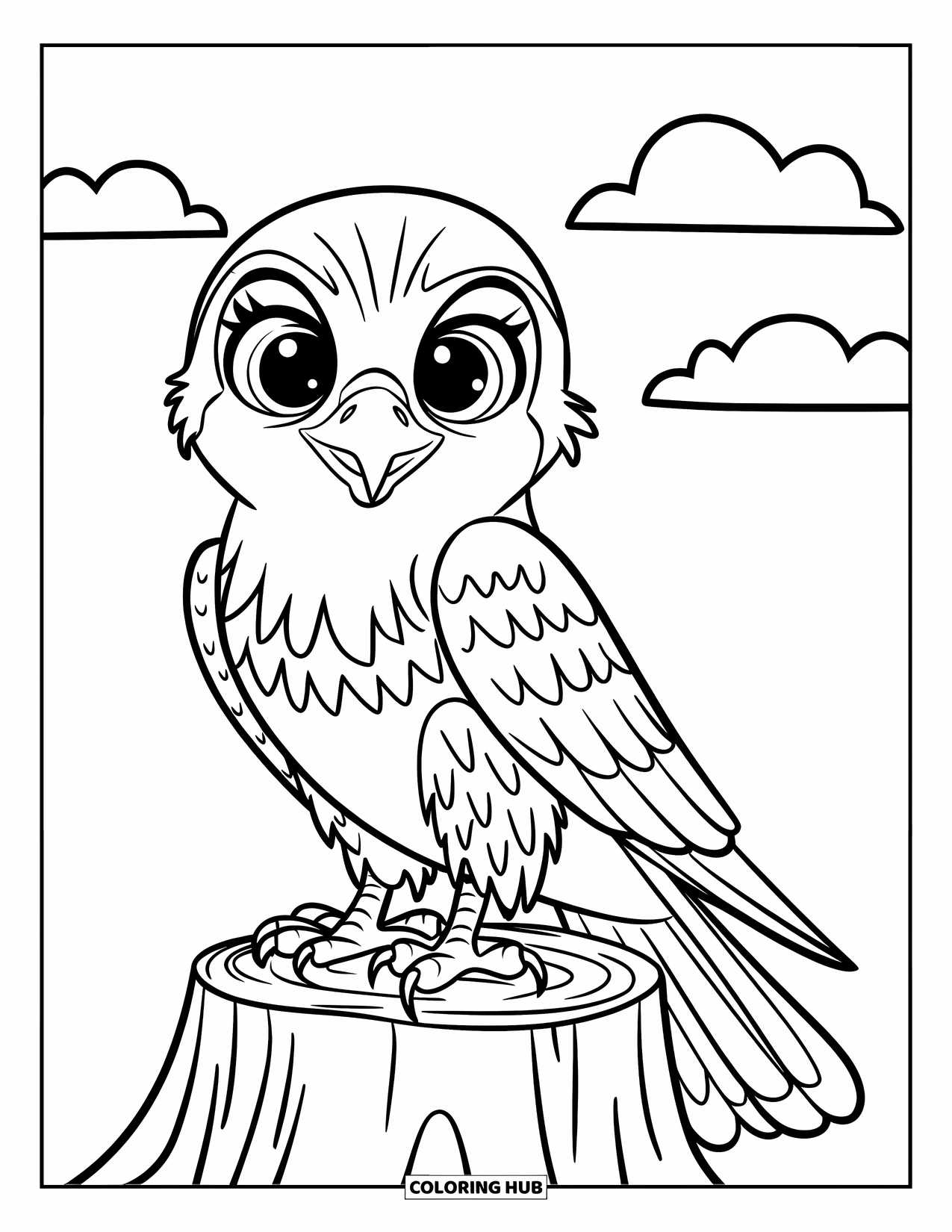 Falcon Coloring Page for Kids: Falcon with large eyes rests on a stump under soft clouds