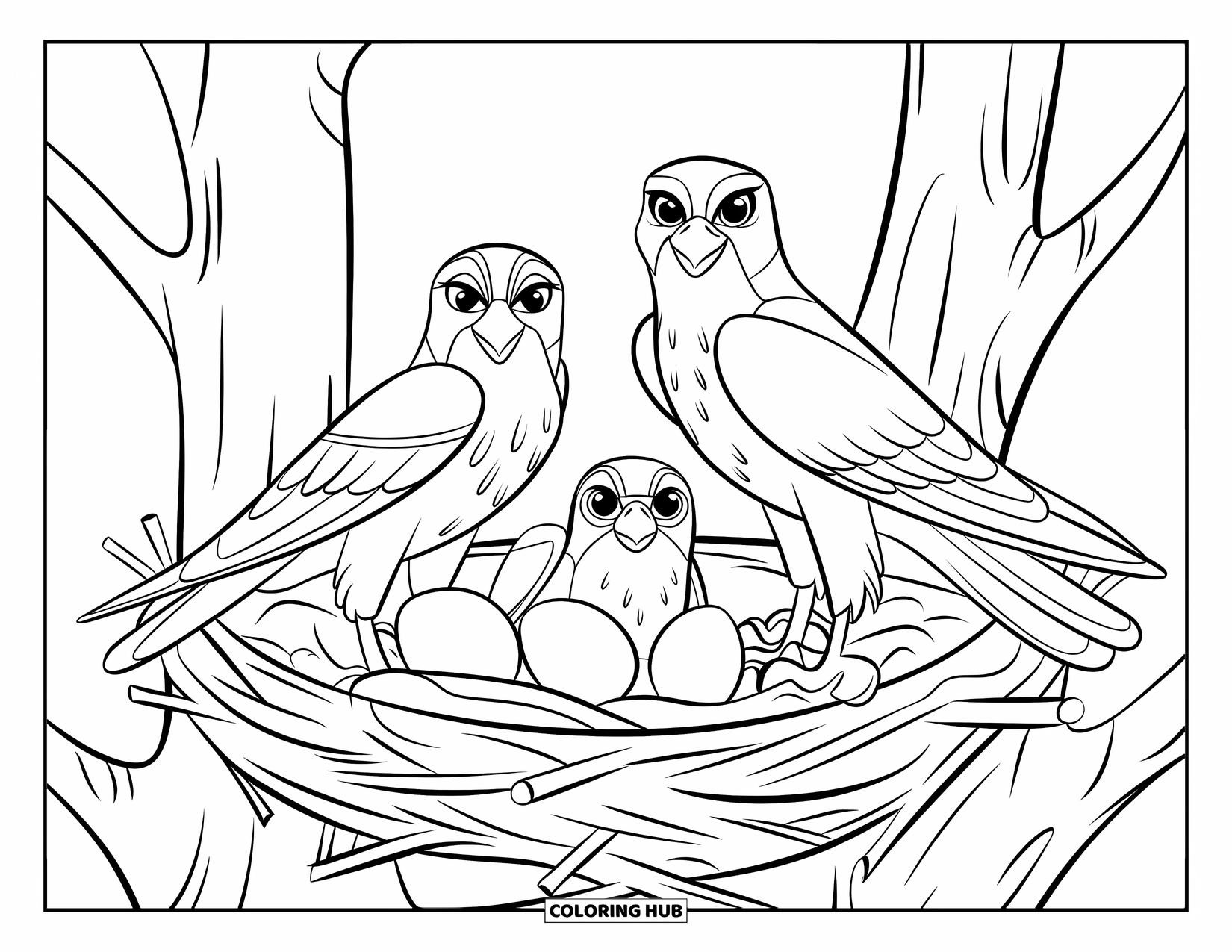 Falcon Coloring Page for Kids: Falcons rest together in a nest of twigs in a quiet tree
