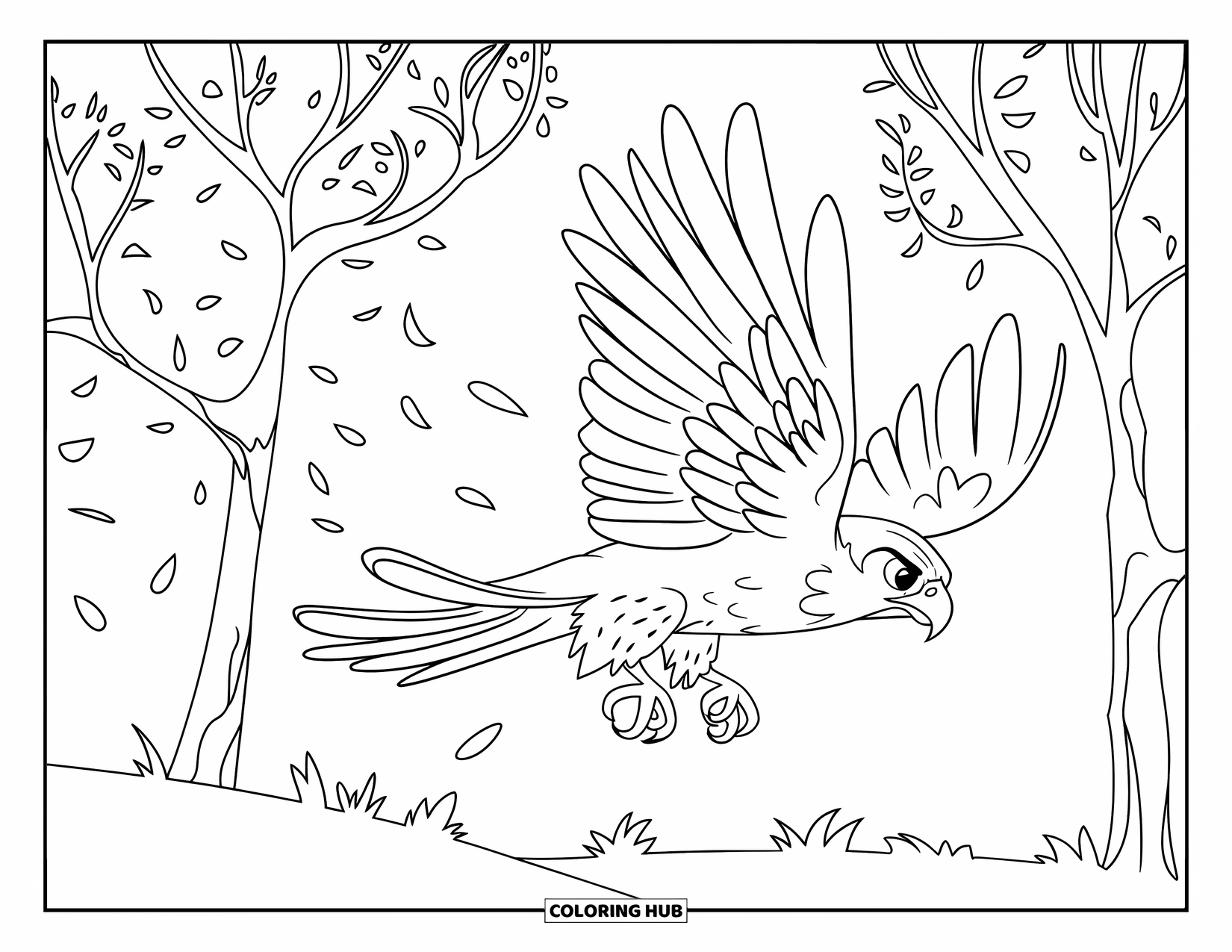 Falcon Coloring Page for Kids: Mid-air falcon flies past thin trees with rustling leaves