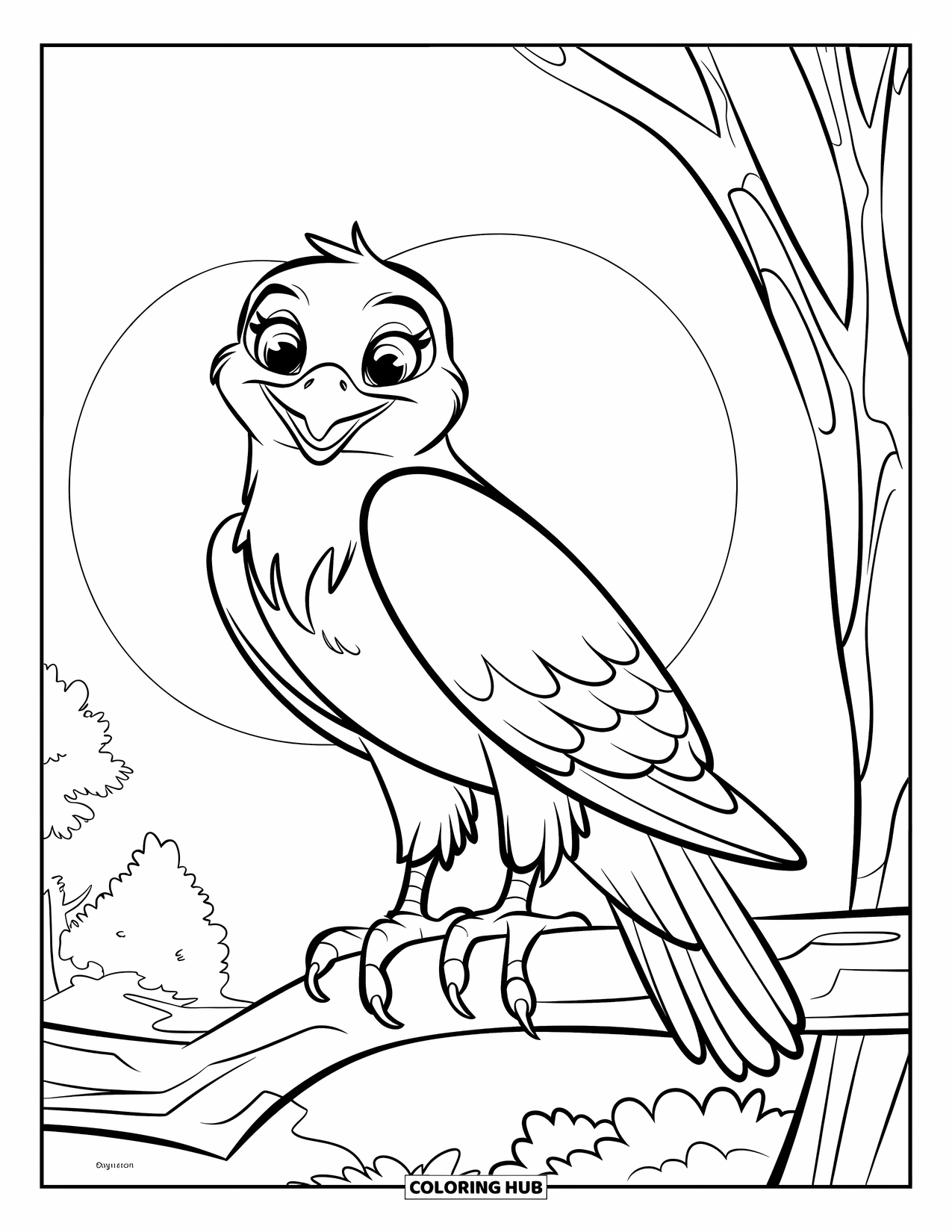 Falcon Coloring Page for Kids: Smiling falcon perches on a thick branch with sun behind