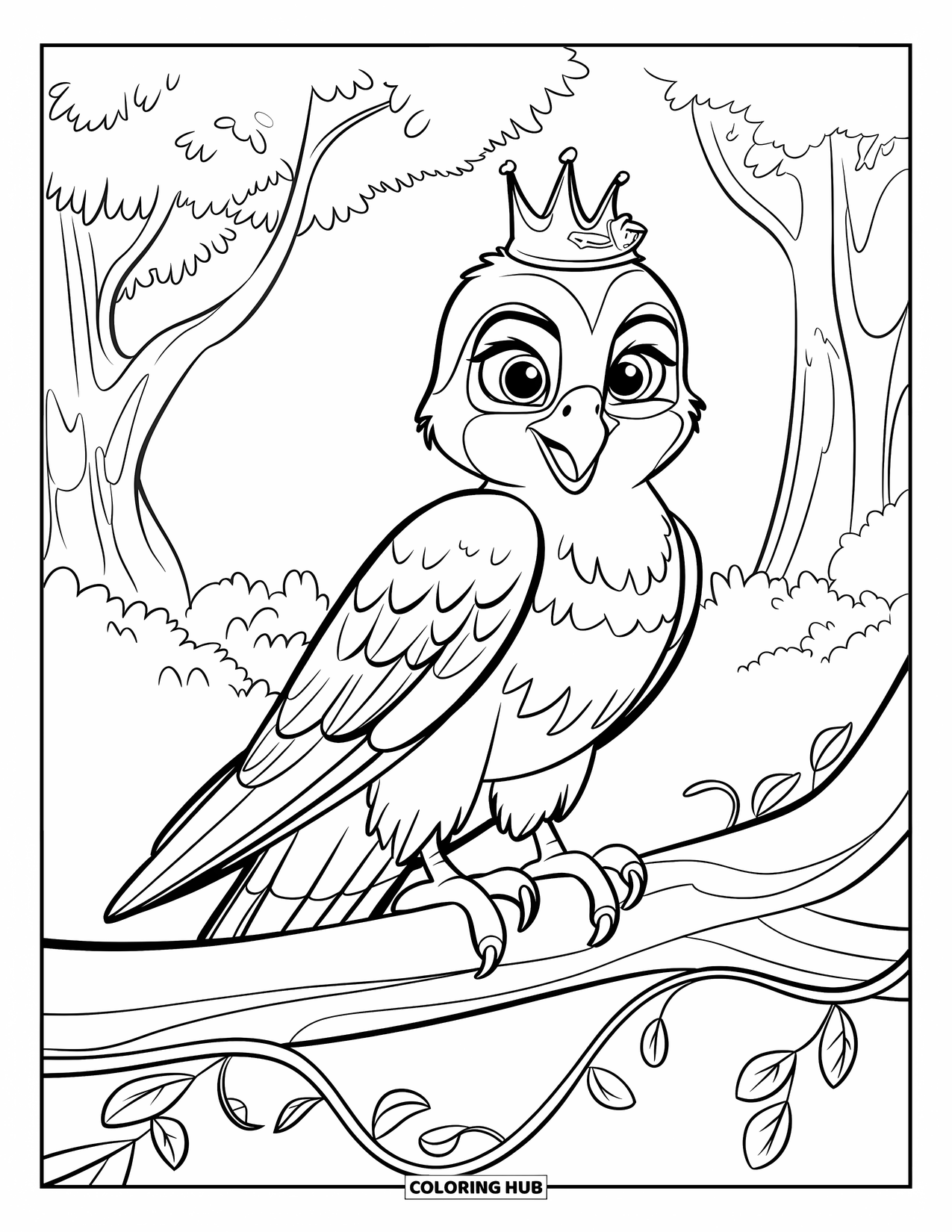 Falcon Coloring Page for Kids: Wide-eyed falcon wears a crown while perched in a leafy forest