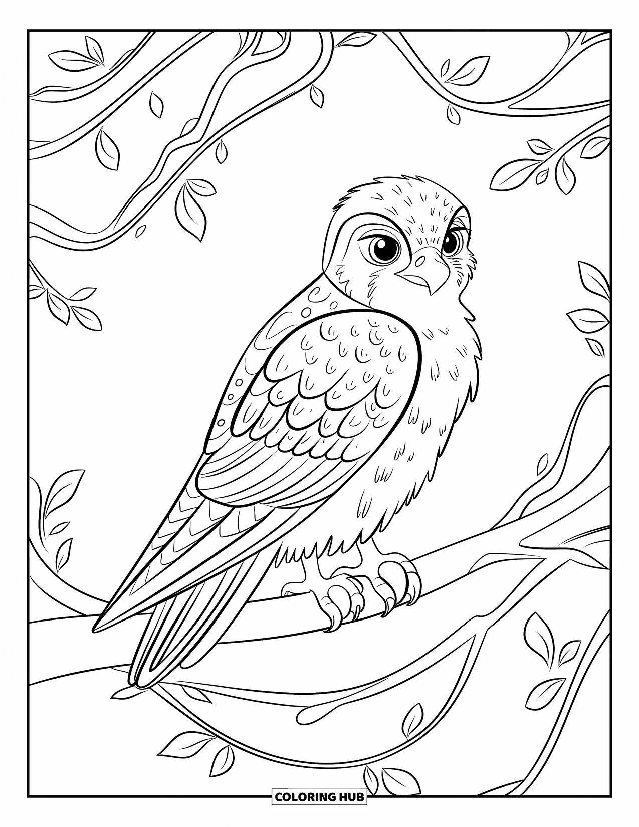 Falcon Coloring Page for Kids: Young falcon perches calmly on a vine-wrapped branch