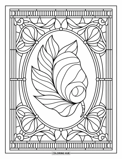 Coloriage de feuilles d'automne pour adultes : Une feuille de bouleau est encadrée par des motifs vitrail et une bordure décorative détaillée