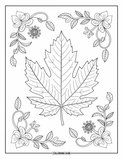 Coloriage de feuilles d'automne pour adultes : Une feuille de marronnier affirmée est encadrée de motifs de mandala avec des feuilles enroulées et des fleurs