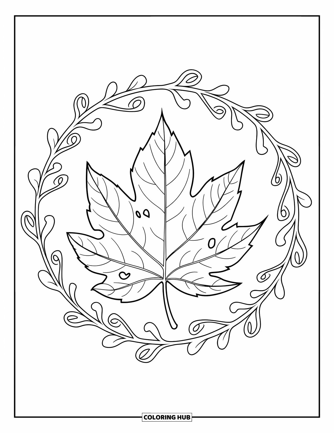 Fall Leaves Coloring Page for Adults: A bold leaf with small holes is framed by swirling vines in a circular design