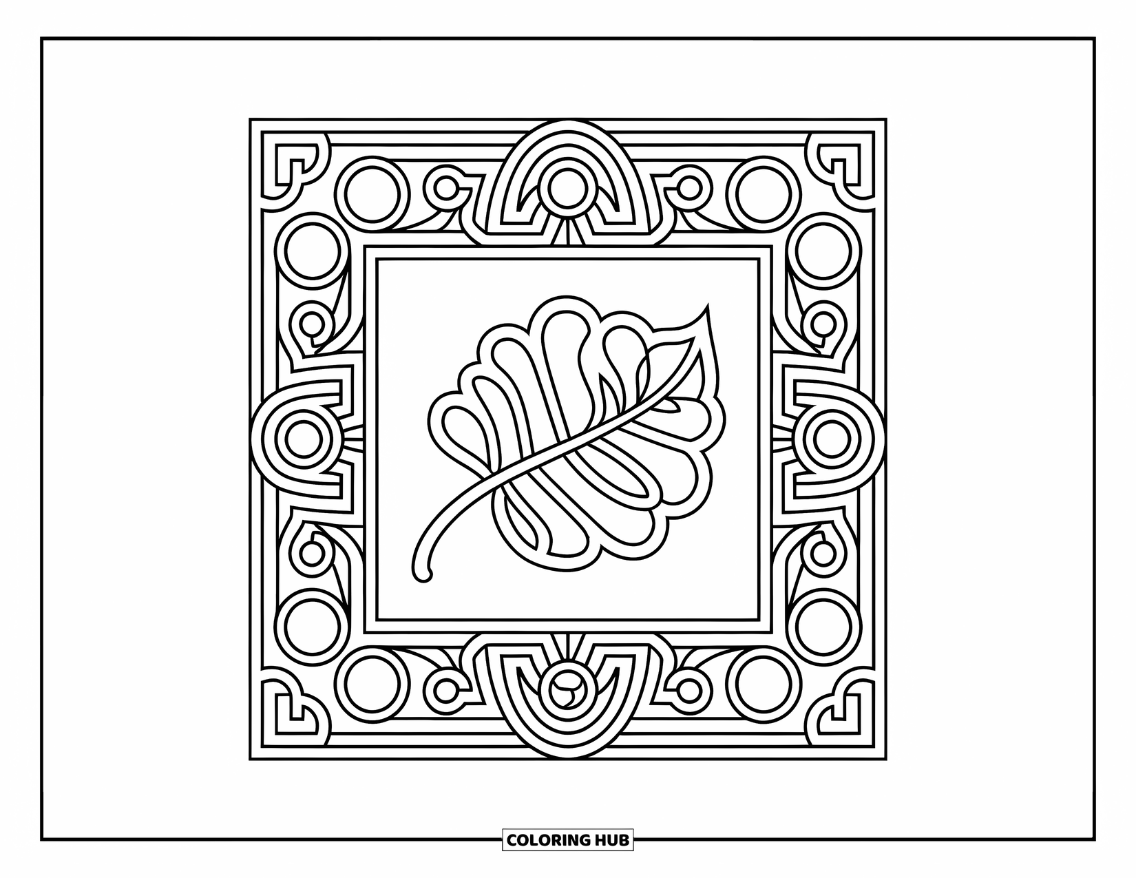 Fall Leaves Coloring Page for Adults: A bold mandala filled with swirls and flowers surrounds a white square center