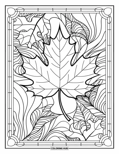 Coloriage de feuilles d'automne pour adultes : Une feuille d'érable bien dessinée avec des nervures est entourée de feuillage automnal à motifs en panneaux