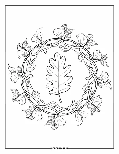 Coloriage de feuilles d'automne pour adultes : Une feuille de chêne affirmée repose au centre d'un mandala de pétales et de vignes en volutes