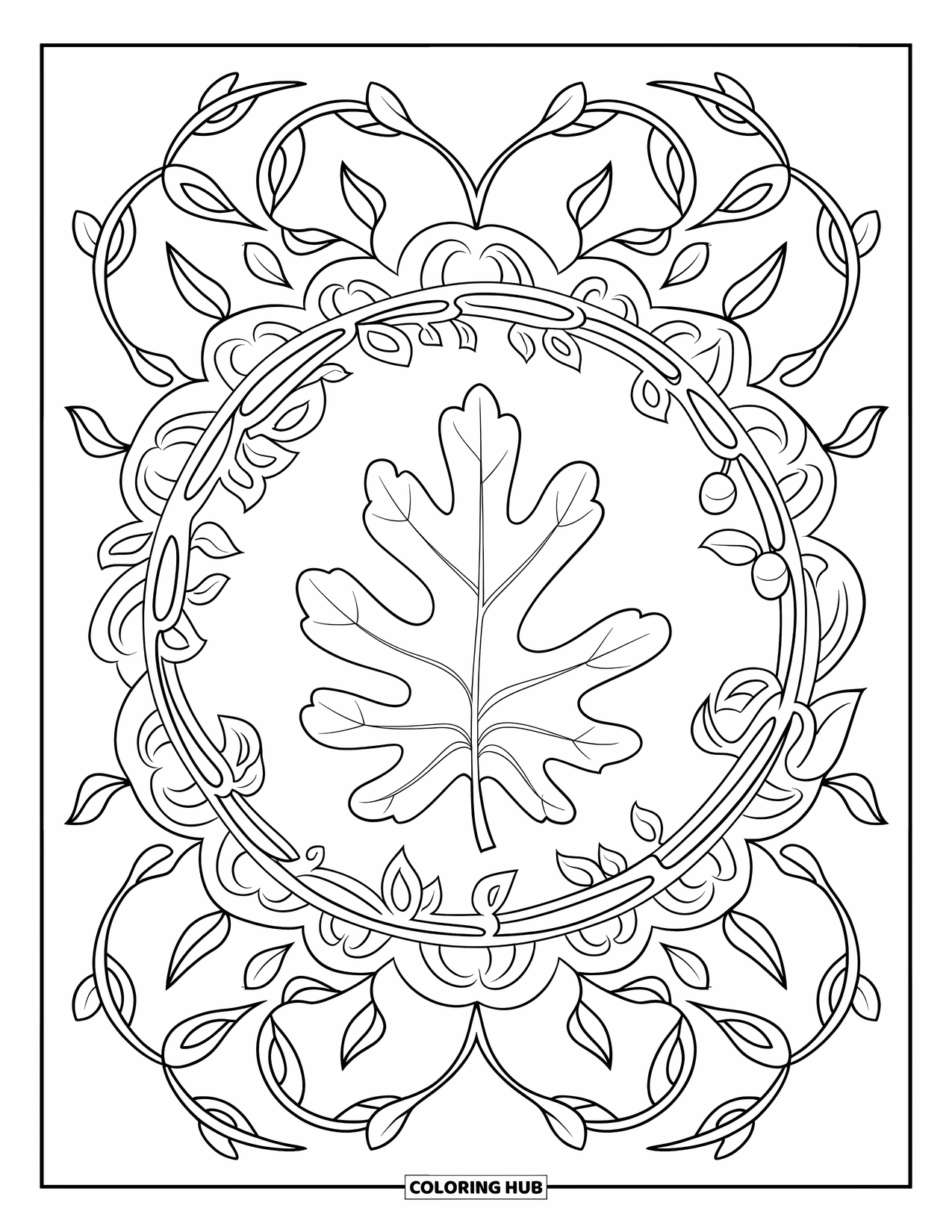 Fall Leaves Coloring Page for Adults: A bold oak leaf sits at the center of swirling vines and petal mandala designs