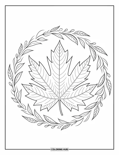 Coloriage de feuilles d'automne pour adultes : Une feuille de marronnier avec sa tige est entourée de motifs de mandala botanique en spirale