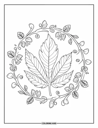 Coloriage de feuilles d'automne pour adultes : Une feuille de marronnier veinée est nichée au sein de tourbillons de mandala floraux et feuillus