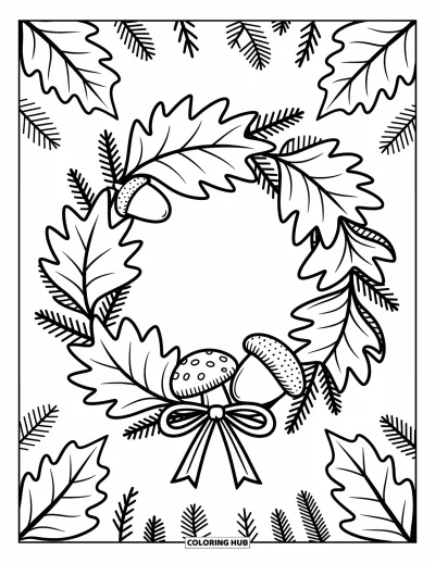 Coloriage de feuilles d'automne pour adultes : Un cercle de feuilles orné de champignons, de glands et d'un ruban noué en bas