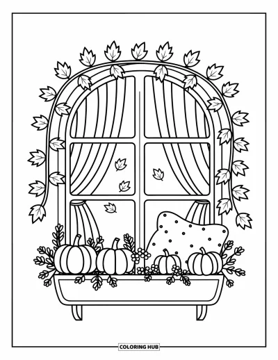 Coloriage de feuilles d'automne pour adultes : Une fenêtre de chalet avec des guirlandes, des citrouilles et des feuilles flottant dans l'air automnal