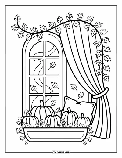 Coloriage de feuilles d'automne pour adultes : Une fenêtre de chalet avec des feuilles d'automne, des citrouilles et des feuilles en spirale dansant doucement dehors