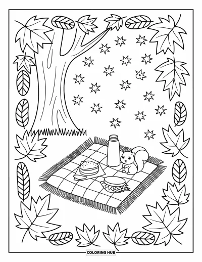 Coloriage de feuilles d'automne pour adultes : Une couverture moelleuse avec un écureuil, un oiseau, un sandwich et de douces feuilles flottant tout autour