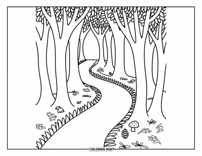 Coloriage de feuilles d'automne pour adultes : Un sentier forestier chaleureux serpente entre deux arbres élancés avec des feuilles espièges et des champignons