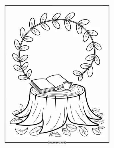 Coloriage de feuilles d'automne pour adultes : Un coin douillet avec une souche, un livre et une tasse entourés de feuilles espièges en tourbillon