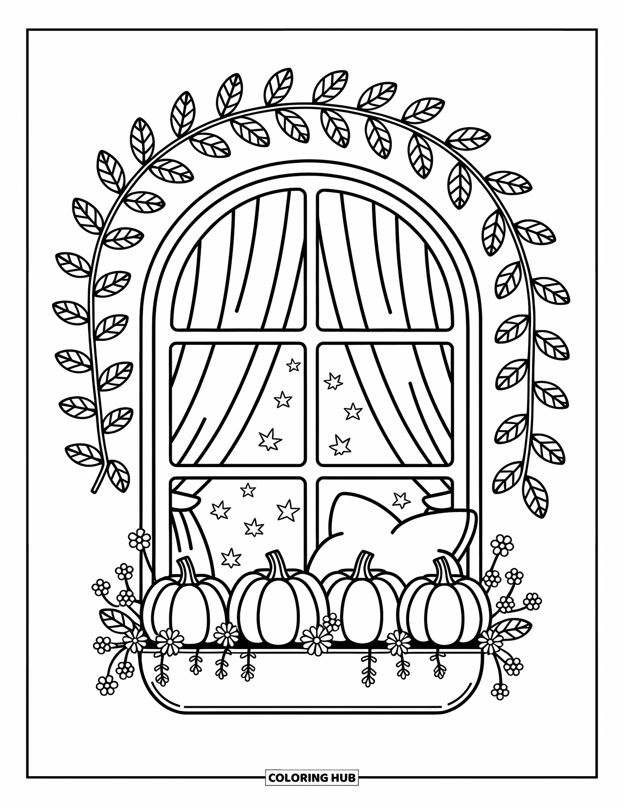 Fall Leaves Coloring Page for Adults: A cozy window with fall garlands, tiny pumpkins, flowers, and swirling leaves outside
