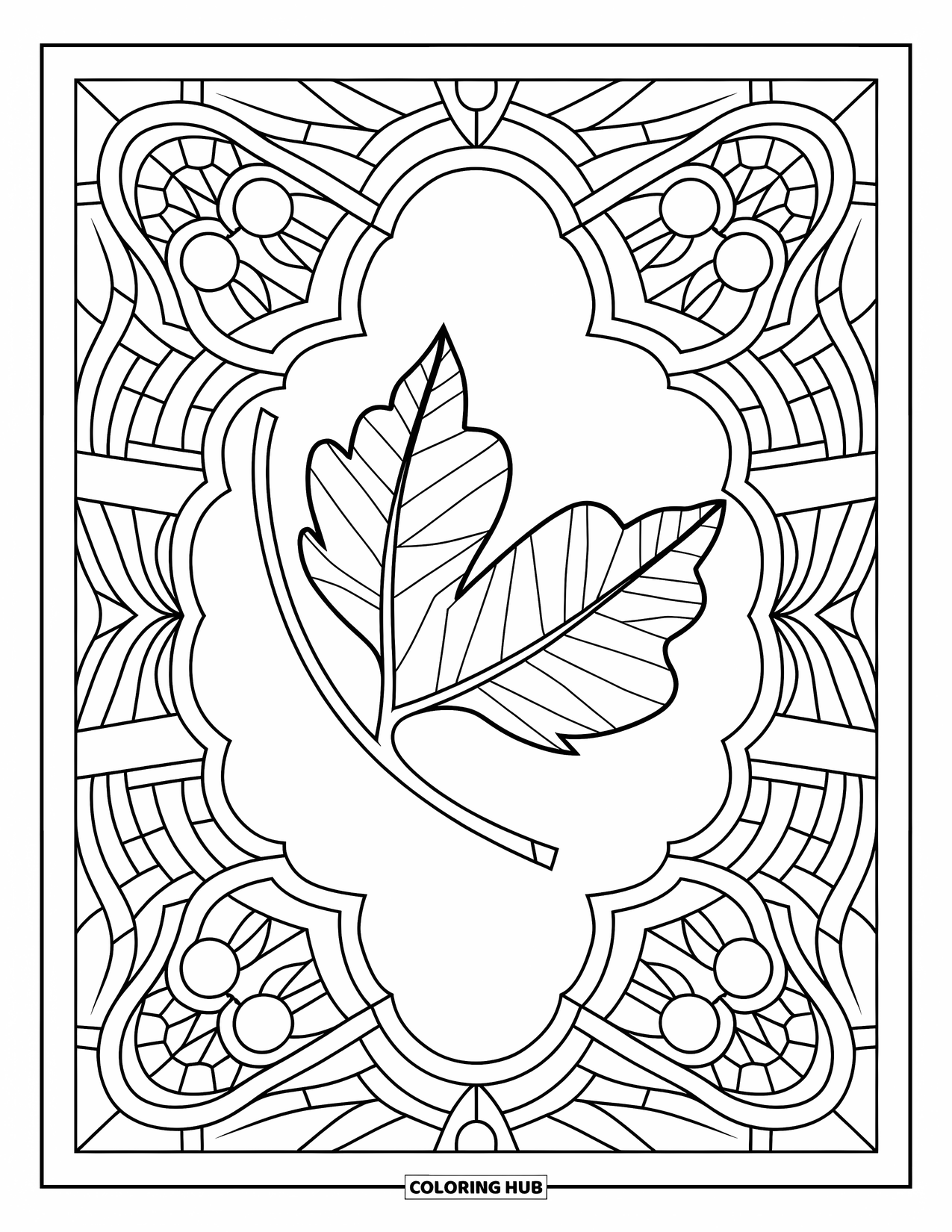 Fall Leaves Coloring Page for Adults: A curled birch leaf is centered in stained-glass shapes with delicate background details
